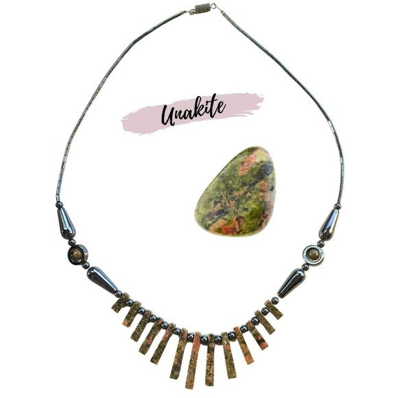 Vintage Unakite Tabs Strung on Pewter Tone Beads 22 inches Long - Picture 3 of 11